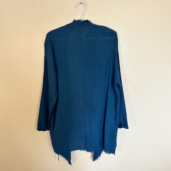 Womens Open Front Linen Cardigan Frayed Edges Italy Medium Teal Blue Lagenlook - Picture 5 of 11